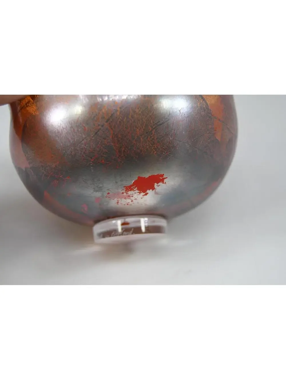 Adam Aaronson Studio Art Glass Vase Signed Orange Silver Metallic Leaf AS IS
